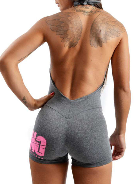 Open Back Shorts Bodysuit Pink Print